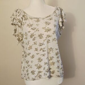 Current/Elliott Women's Medium Cream Floral Ruffle Sleeve Blouse